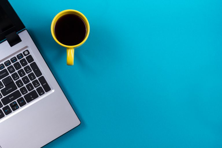 Office table desk with set of colorful supplies, white blank Mentor